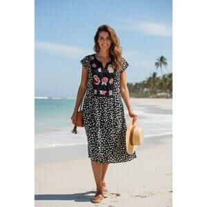 Kirundo Women's Animal Print Floral Embroidered Midi Boho Dress Size Medium